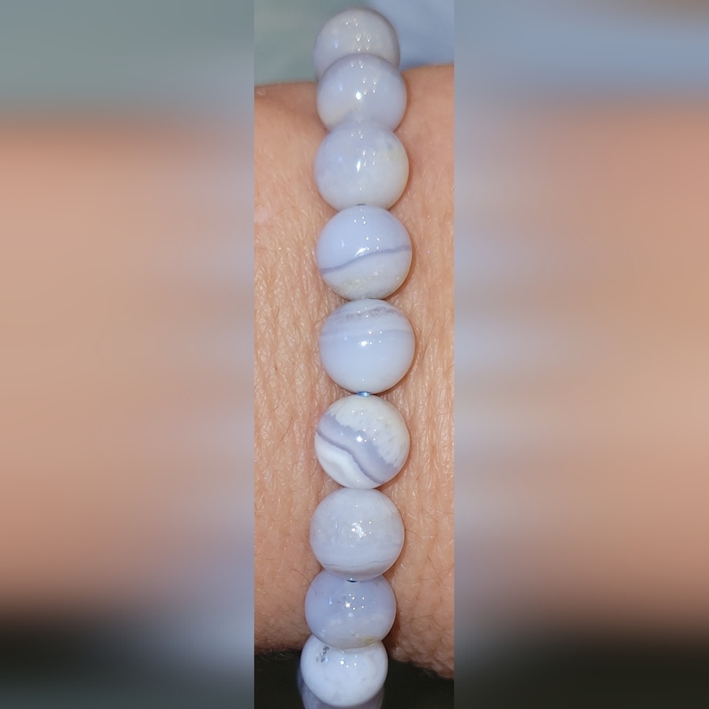Blue Lace Agate Handcrafted Bracelet. 10mm beads, comfortable stretch - Picture 2 of 2